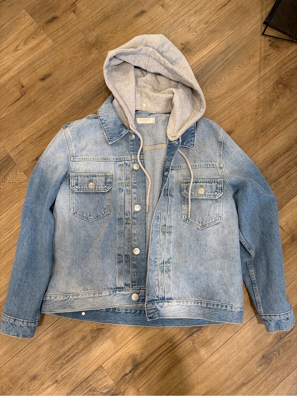 All Saints Light Blue Denim Jacket with Gray Hoodie